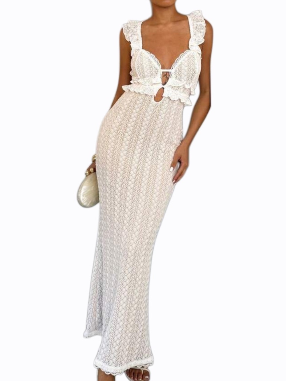 SHEIN BAE Summer White Sexy Crochet Textured Off-Shoulder Dress